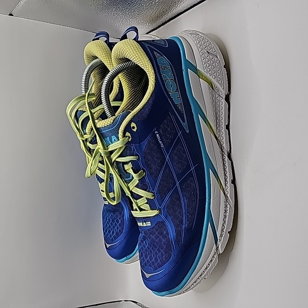 Hoka One One Womens Clifton 2 Running Shoes, True Blue/Sunny Lime, US 10.5